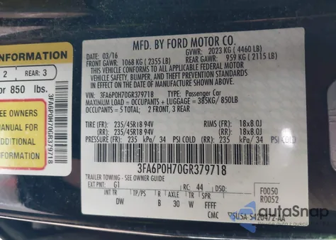 2016 Ford Fusion Se from USA, damaged, VIN 3FA6P0H70GR379718
